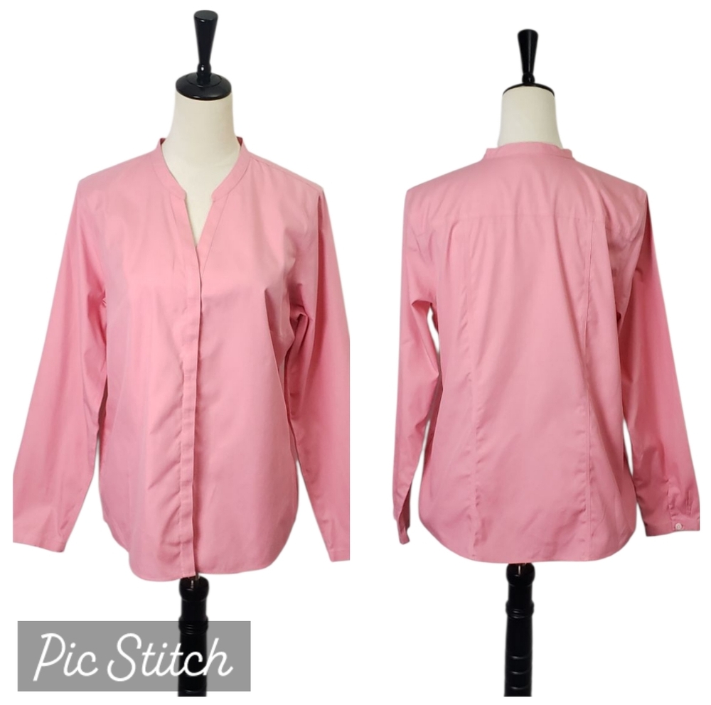 ⚪2/$20 L.L. Bean Wrinkle Free 100% Cotton Collarless Button Down Blouse Pink